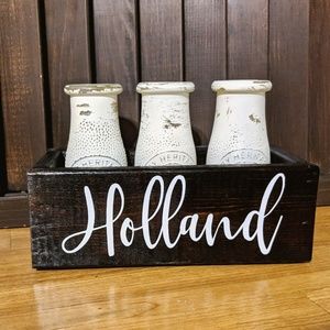 Rustic milk bottles and box